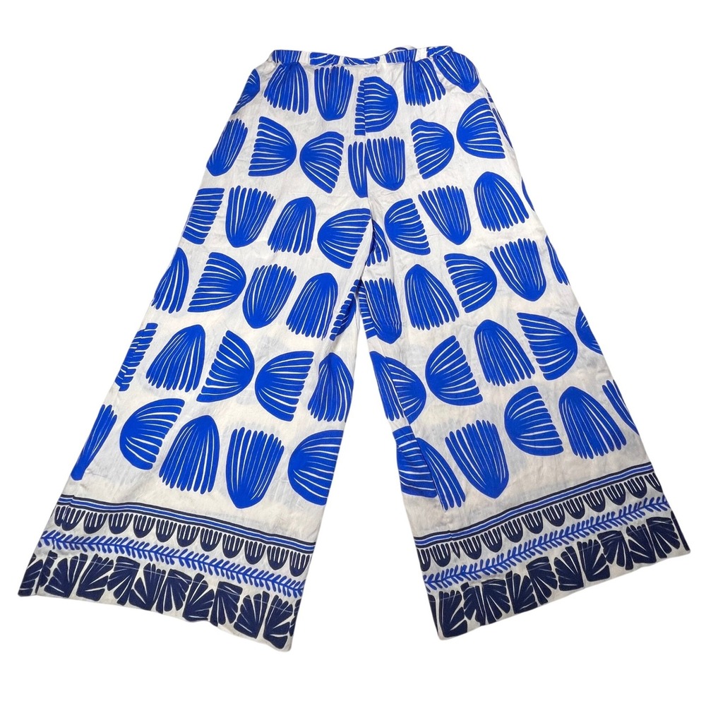Melloday Wide Leg Pants Womens Large Blue White Shell Print Paperbag Waist NEW - Picture 3 of 10